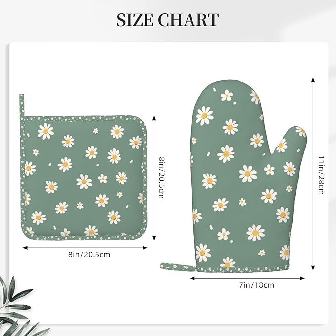Oven Mitts and Pot Holders Daisy Flower Green Silicone Kitchen Accessories Set of 4 Heat Resistant Long Gloves Potholder Non-Slip Grip for Chef Cooking Baking Grilling BBQ
