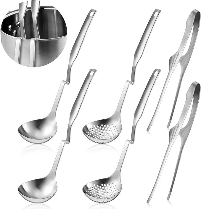 6 PCS Soup Ladle pot Colander & BBQ Tongs Hotpot Kit - Shabu Shabu Utensils Set for Camping, Barbecue & Kitchen Cooking Ladle Set