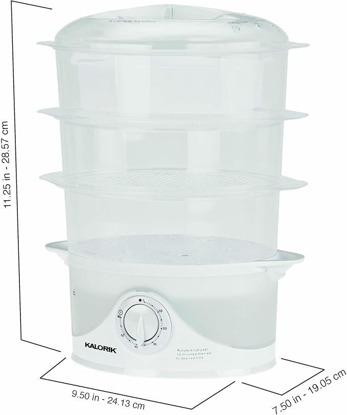 Kalorik Electric Food Steamer with Manual Controls 3-Tier with BPA Free Dishwasher Safe Baskets, 800 Watts and 60-Minute Timer Turbo Steam Feature and Easy Refill, 9-Quarts, White