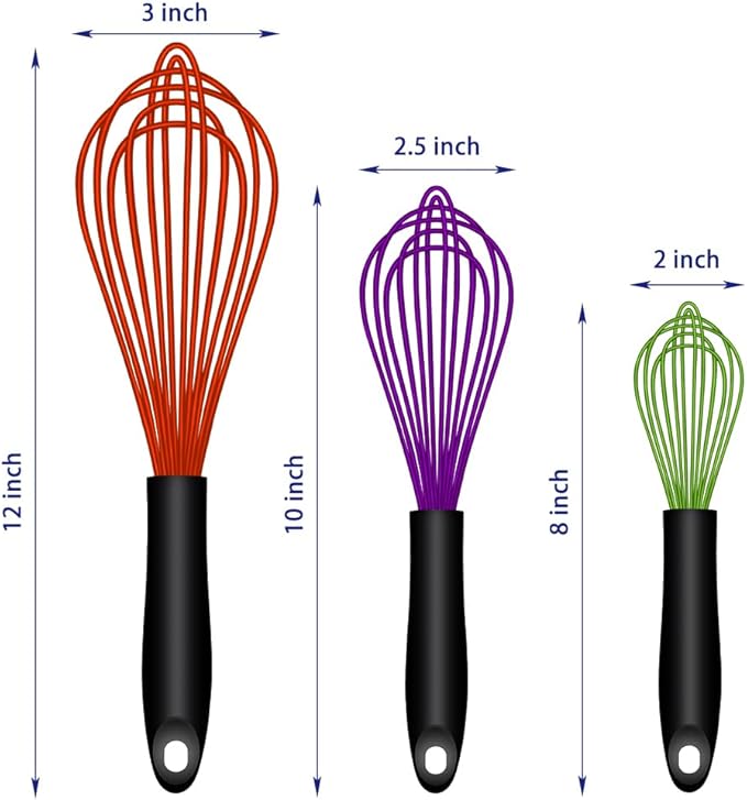 Dishwasher Safe Multicolor Silicone Whisk, Sealed Waterproof Design Set of 3, Professional Kitchen Whisks for Cooking Non-Scratch, Silicone & Stainless Steel Whisk, Heat Resistant Egg Beater