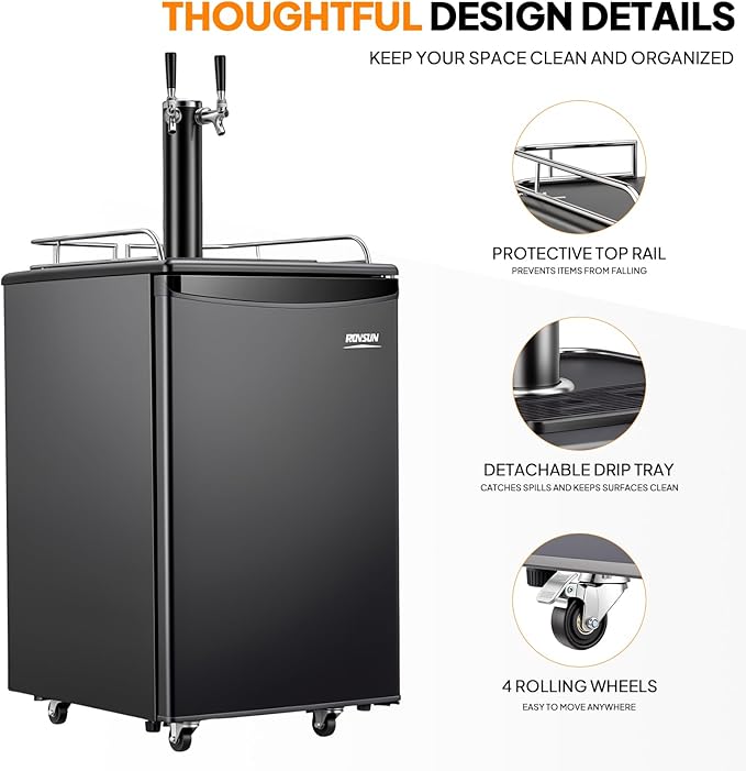 ROVSUN BF-152 Full Size 5.4 Cu.Ft, Beer Kegerator with CO2 Tank Included, Draft Beer Dispenser for Home Bar, 152L Beverage Refrigerator Direct Cool, Metal Cabinet, Dual Tap, Black