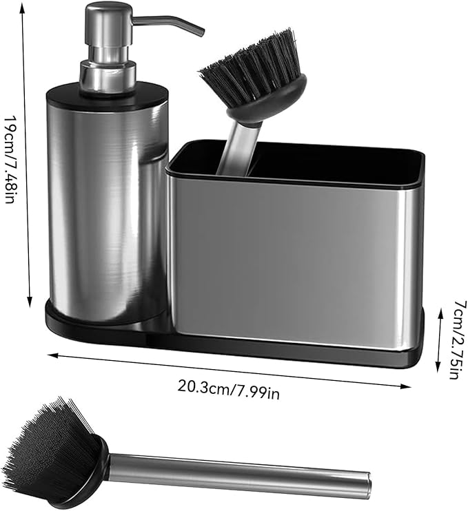 Kitchen Dish Soap Dispensers, Bathroom Soap Dispensers with Storage and Brush, Stainless Steel Sink Organizer with Caddy, Sponge Holder for Countertop Kitchen Bathroom
