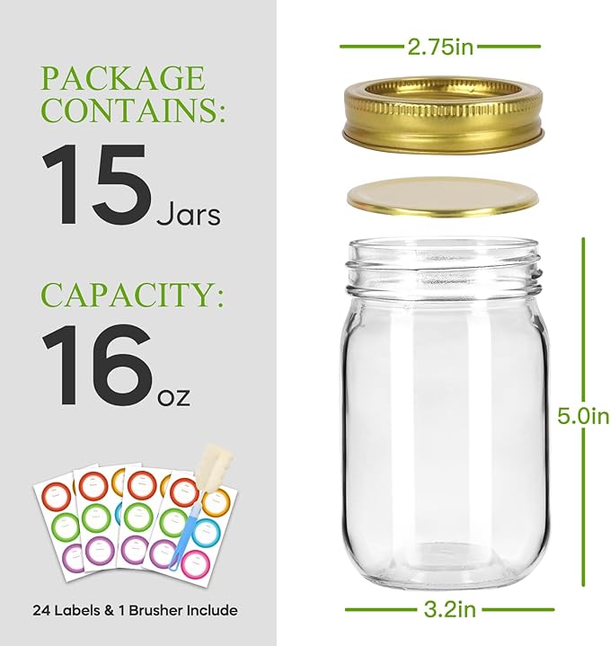 Glass Mason Jars with Gold Lids and Bands 16 oz - 15 Pack Regular Mouth Canning Jars for Food Storage, Pickling, Meal Prep, Overnight Oats, Dry Food & DIY Crafts - Includes 24 Stickers & Brush