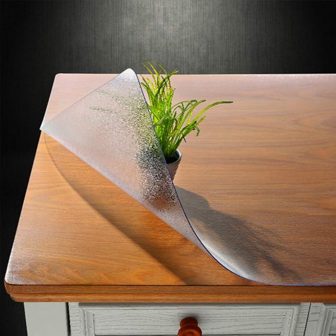 NECAUX Custom Multisize 1.5mm Thick Frosted PVC Table Cover Protector - 30 x 96 Inch Kitchen Wood Grain Vinyl Transparent Table Cover for 8 Foot Plastic Protective Dining Room Table Pad