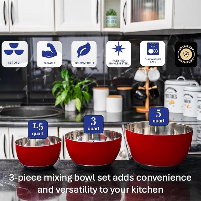 WHYSKO® Stainless Steel Mixing Bowls (Set of 3) with Non-Slip Silicone Base for Kitchen, Dishwasher Safe Bowls for Meal Prep, Cooking, Baking, Serving, Food Storage (Red)