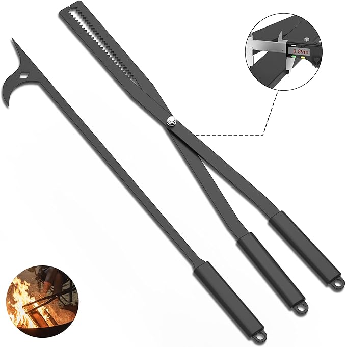 Heavy Duty Fire Tongs Firewood Grabber Tool with Scissor Shape Serrated for Campfire, Bonfire, Fire Pit Log Claw Tongs - Black