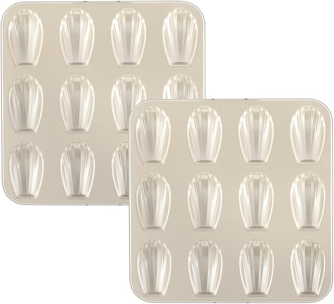 2-Pack Madeleine Pan — 12-Cavity French Shell Cake Mold, Non-Stick Golden Carbon Steel Baking Pan for Classic Madeleines, Tea Cakes & Cookies
