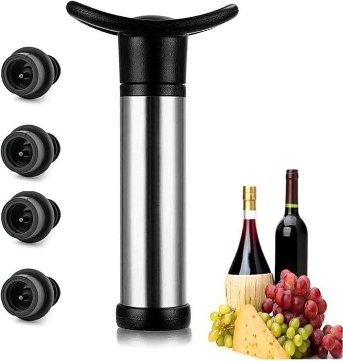 Wine Stopper 4 SET Wine Stopper With Vacuum Pump Preserver Aerator Rubber Black