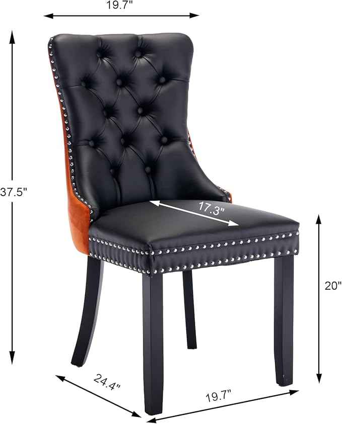 Dining Chairs Set of 2, Upholstered Dining Room Chairs with Back Ring Pull Trim and Solid Wood Legs, Modern Tufted Kitchen Chairs Perfect for Dining Room, Black Pu Leather Splicing Orange Velvet