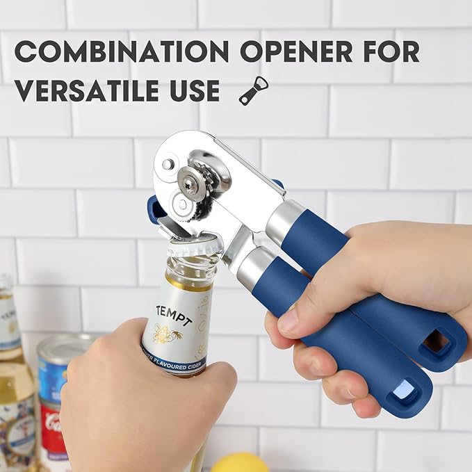 Manual Can Opener, UHIYEE Handheld Can Opener Heavy Duty with High Carbon Sharp Blade, Ease Can Open for Seniors with Comfort Grip Handles, Oversized Turn Knob, Blue