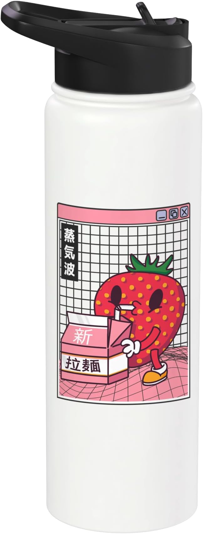 Strawberry Milk Carton Kawaii Grid Vaporwave Aesthetic Anime Stainless Steel Insulated Water Bottle