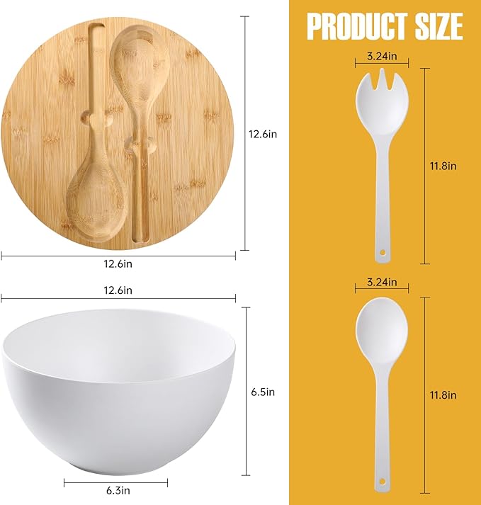 Salad Bowl with Lid, 12.6" Extra Large Bamboo Fiber Salad Bowl with Servers Set for Kitchen, Nature Bamboo Mixing and Serving Bowl with Lid, Spoon and Fork for Fruits,Salads and Vegetables (White)