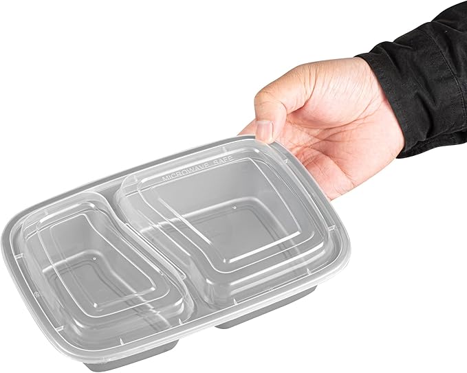 Restaurantware-Asporto 26 Ounce Compartment Take Out Boxes, 100 Microwavable Meal Prep Containers - 2 Compartments, With Clear Plastic Lids, Silver Plastic Food Containers, Do Not Contain BPA