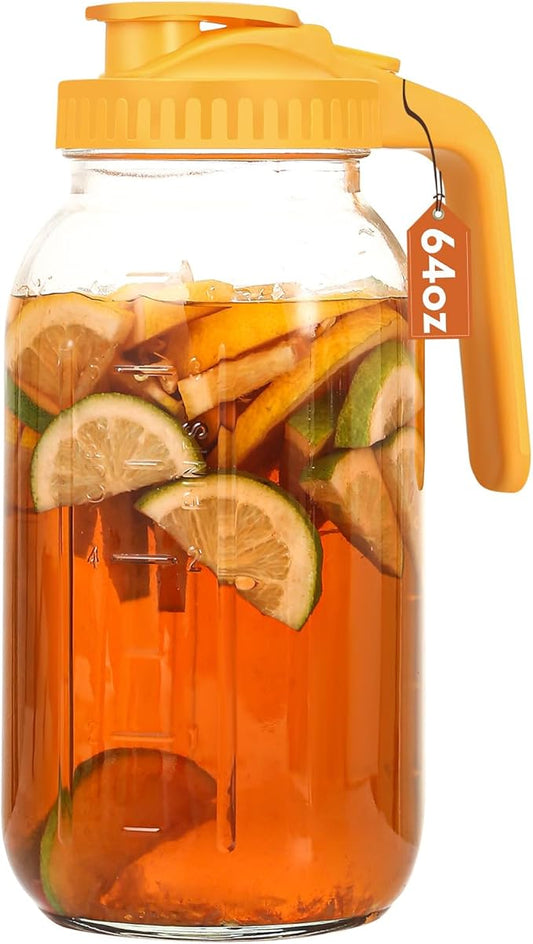 Mihlapi Glass Pitcher with Lid, 64 OZ Mason Jar Pitcher Double Leak Proof, 2 Quart Breast Milk Storage Containers for Fridge, Wide Mouth Glass Jar for Sun Tea, Juice, Cold Brew Coffee