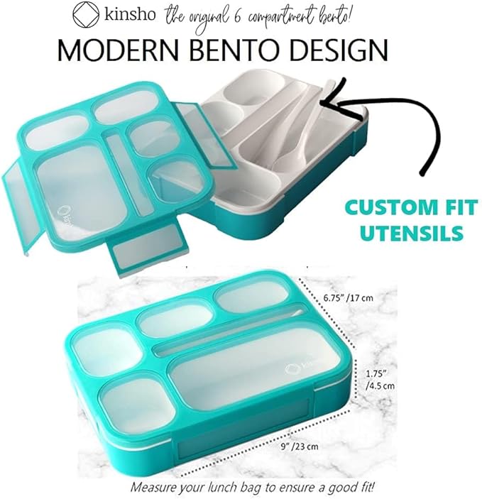 kinsho Lunch Box for Kids Boys Girls - Bento Box Set with Insulated Bag and Ice Pack, 6 Compartment Leak Proof Food Container, BPA-Free, Microwave Safe, Ideal for School & Work, Teal