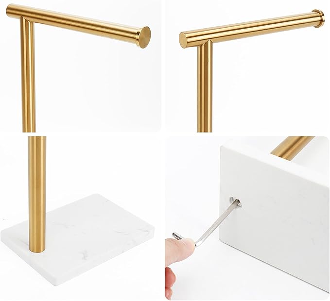 Hand Towel Holder, Hand Towel Stand for Bathroom with Marble Base, 304 Stainless Steel L Shape Hand Towel Rack Bar Standing for Vanity Kitchen Countertop, Brushed Gold