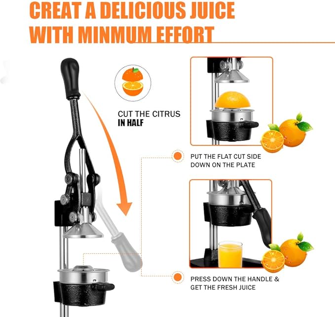 Commercial Heavy Duty Cast Iron Hand Press Manual Orange Citrus Lemon Lime Grapefruit Pomegranate Fruit Juice Squeezer Machine with Stainless Steel Cup Black