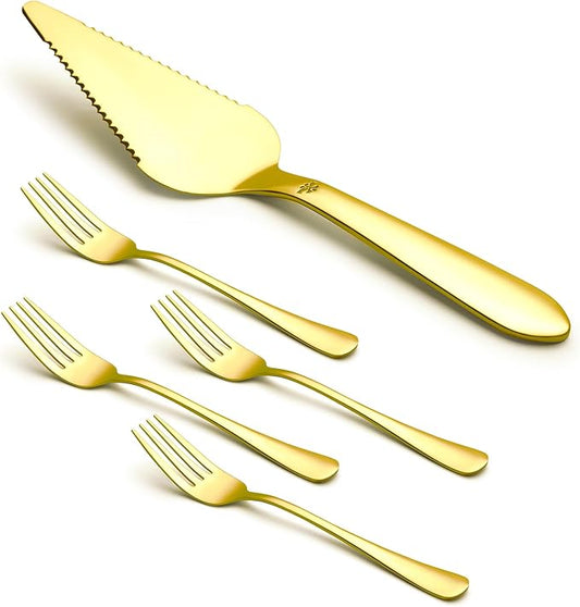Eisinly 1 Pcs Cake Pie Server and 4 Forks Set for Wedding, Elegant Pizza Slicer Server Set with Stainless Steel Big Serrated Edges, Cake Cutter Pie Spatula for Birthday Anniversary, Gold