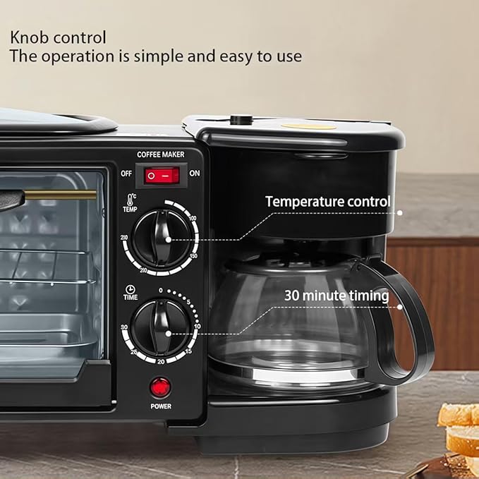 9L, 3-in-1 multifunctional home breakfast machine, mini oven, coffee machine, with timer，visible window (Black)