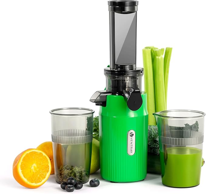 Ventray Ginnie Mini Cold Press Juicer, Small Slow Masticating Juicer for Vegetables Fruits, High Juice Yield, Easy to Clean, Space-Saving, Fit for Personal/Travel/Picnic/Office - Green