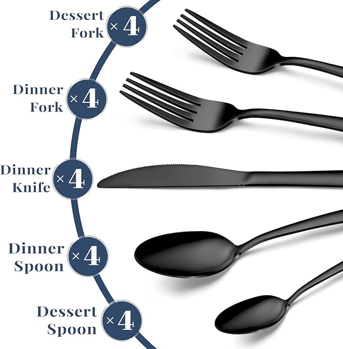 Hunnycook Black Silverware Set - 20PCS Stainless Steel Silverware Set for 4, Includes Forks Spoons and Knives, Utensil Sets for Home Kitchen Restaurant, Dishwasher Safe