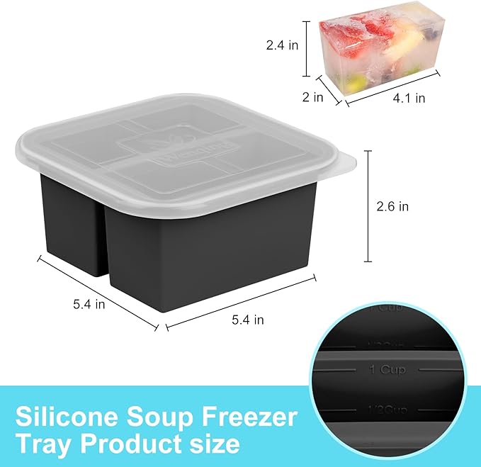Silicone Freezer Tray with Lid 2 Pack Silicone Freezer Molds Ice Cube Tray Makes 4 Perfect 1 Cup Portions Soup Cubes Meal Prep Containers- Oven & Dishwasher Safe
