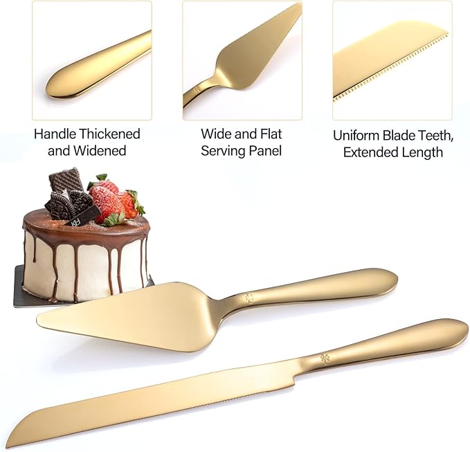 Eisinly Cake Cutting Set for Wedding, Elegant Cake Knife and Server Set with Thickened Stainless Steel Rounded Edges, Cake Cutter Pie Spatula for Birthday Anniversary, 2 Pcs, Gold