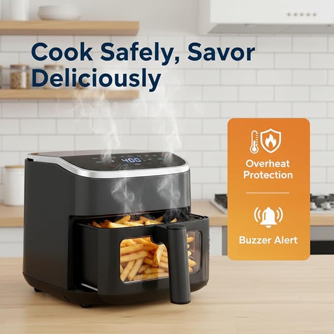HealSmart 4 Qt Air Fryer with Visible Window, 8-in-1 Digital Airfryer with Interior Light, 1500W, Nonstick Dishwasher-Safe Basket for Fries, Bake, Wings, 60-Min Timer, Black