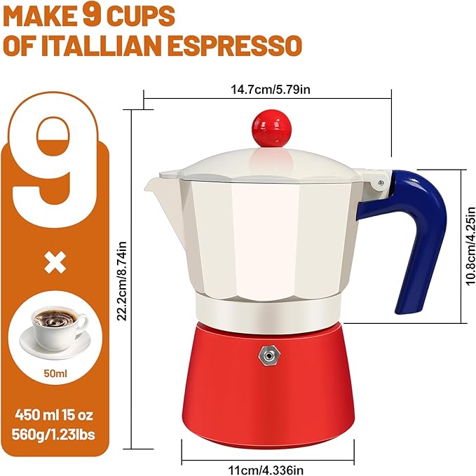 9 Cup Aluminum Espresso Stovetop Moka Pot Express Coffee Maker Percolator Italian Classic Mocha Coffee Machine for Italian and Cuban Cafe Brewing for Home & Camping 450ml 15oz