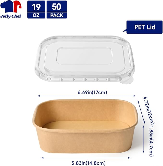 JOLLY CHEF 50 Pack Paper Food Containers with Lids, 19 oz Disposable Meal Prep Containers, Rectangular Paper Bowls with Lids for Thanksgiving, Christmas, Parties