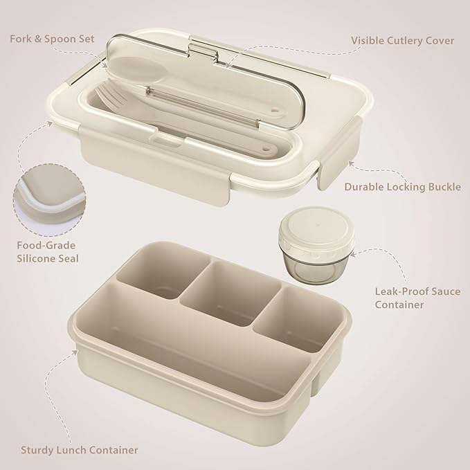 Caperci Bento Box Adult - 50 oz Large Lunch Containers for Adults and Teens, 4-Compartment Bento Lunch Box with Utensils & Leak Proof Sauce Cup, Dishwasher Safe, Durable, BPA-Free (Mocha)