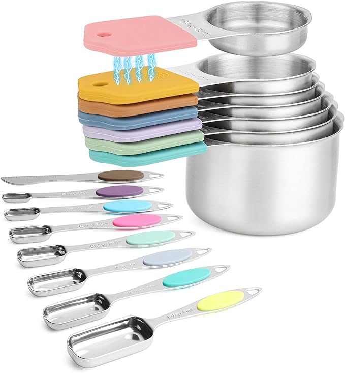 Magnetic Measuring Cups and Spoons Set, 7 Stainless Steel Measuring Cups and 7 Rectangular Metal Teaspoon with 1 Leveler for Cooking & Baking (Colorful)