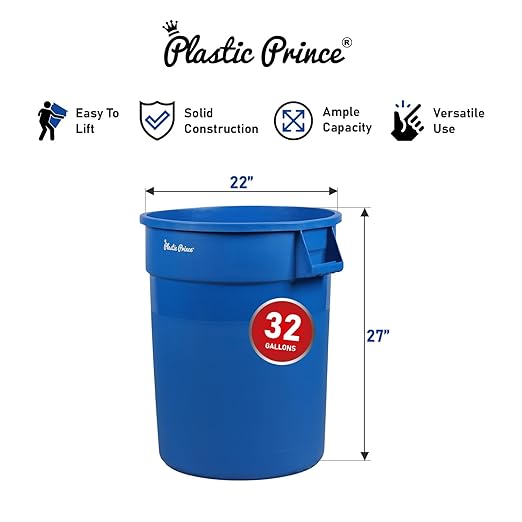 PLASTIC PRINCE 32 Gallon Round Trash Can Container with Lid Blue Plastic Commercial Garbage Bin for Home Garage Restaurants Warehouses