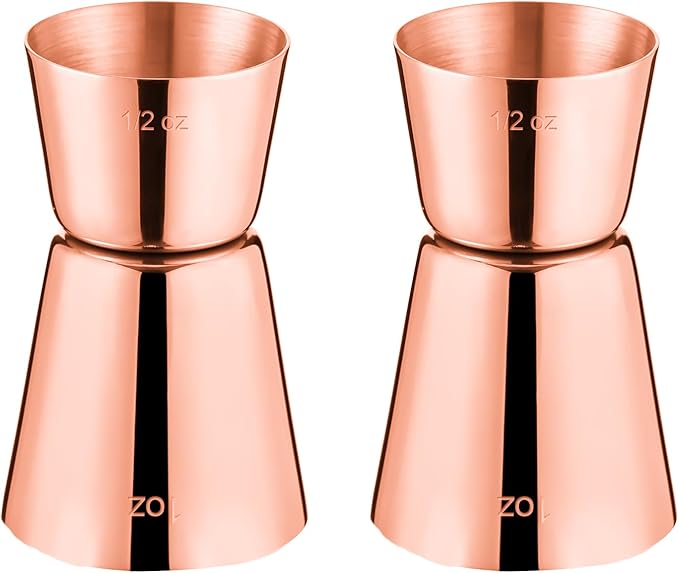 Briout Jigger for Bartending, 2 Pcs Double Cocktail Jigger Japanese Premium 304 Food Grade Stainless Steel Jigger 1 OZ 1/2 OZ, Flat Edge Rose Gold