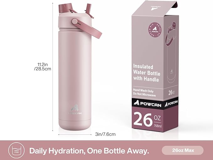 POWCAN 26 oz Insulated Water Bottle with 2-in-1 Straw and Spout Lid, Keep Cold 24H, Leak-Proof, Fits in Car Cup Holder, Stainless Steel Water Bottle for Gift, Holiday, Travel and School (Sweet Rosy)