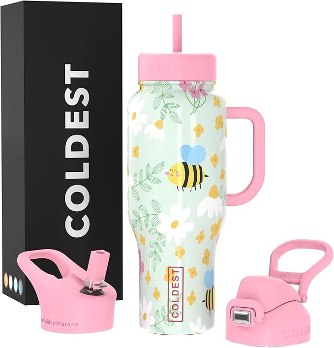 Coldest Tumbler with Handle and Straw, 100% Leak Proof Insulated Tumbler with Lid and Straw (3 Lids), Stainless Steel Tumblers for Women & Men, Cup Holder Friendly Base, 36 oz (Stung by a bee)
