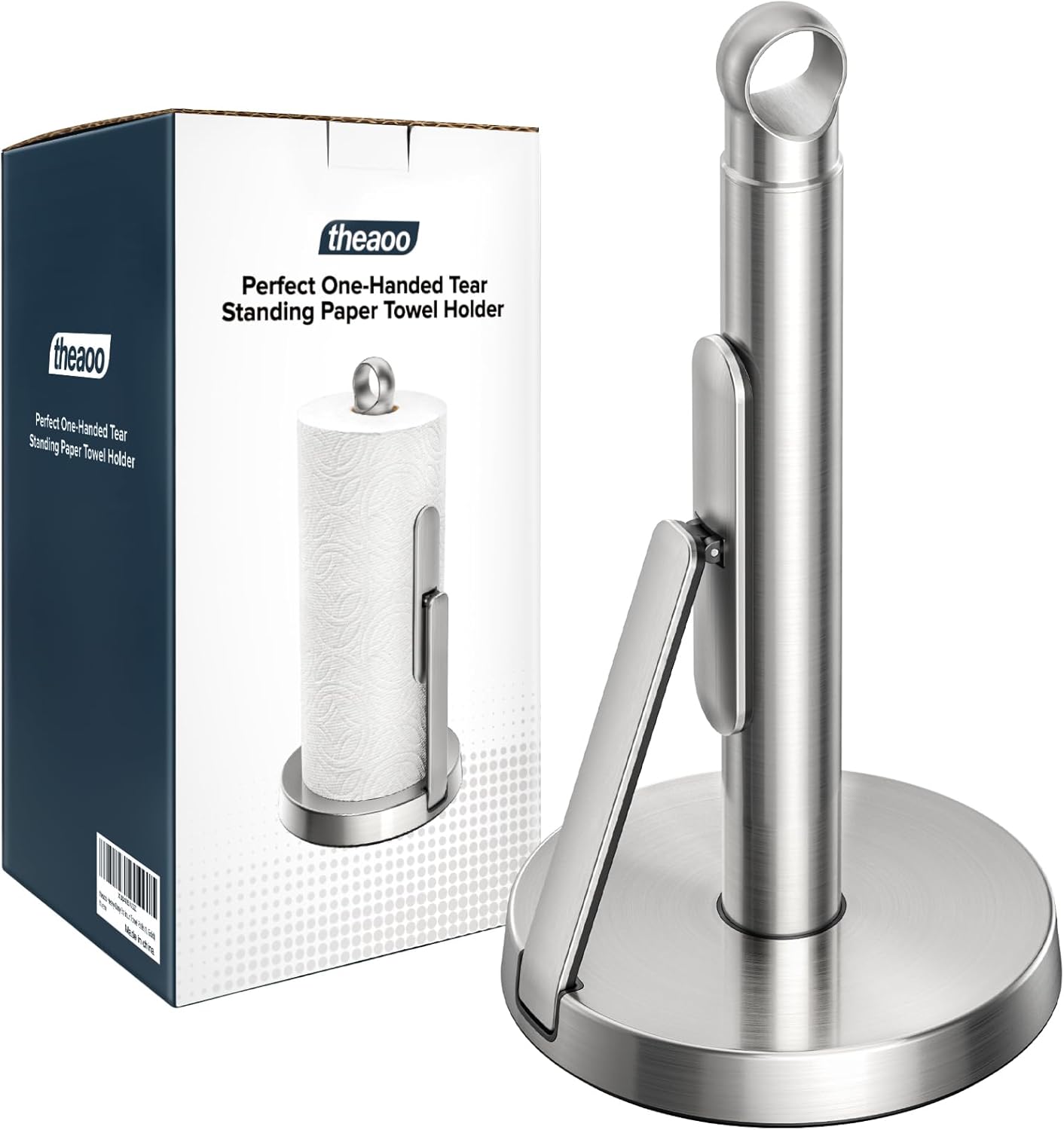 theaoo Heavy-Duty Stainless Steel Paper Towel Holder with Tension Arm – Easy One-Handed Tear, Modern Standing Countertop Dispenser for Kitchen, Holds All Paper Towel Rolls (1, Silver)