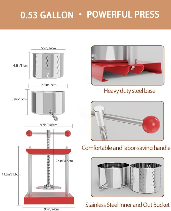 EJWOX 0.53 Gallon Manual Press - Stainless Steel Soft Fruit & Herb Juicer with Filter Bag - Multi-Functional Squeezer for Grapes, Berries, Honey & Cheese - Compact Top-Handle Design for Small Batches