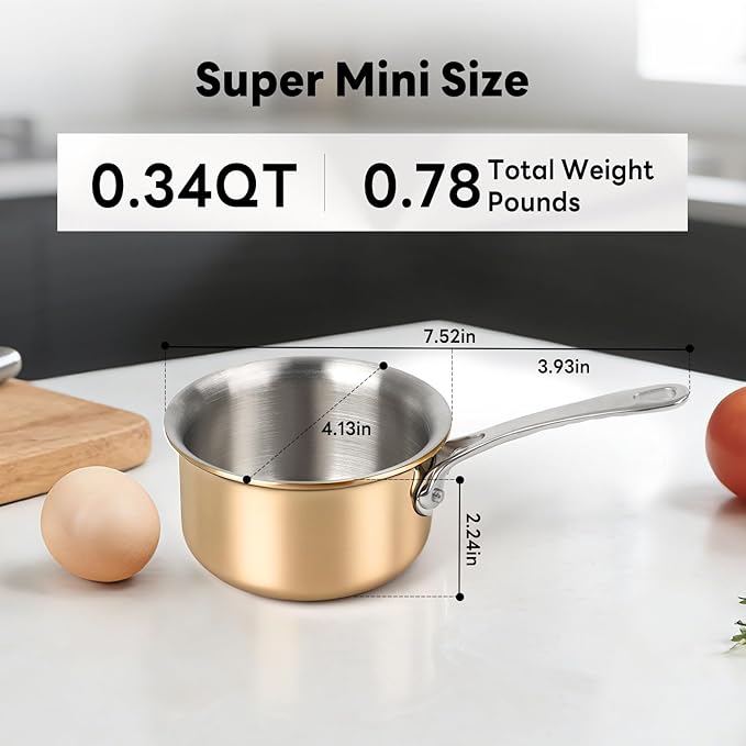 Macevia Mini Sauce Pan with Lid, Stainless Steel Butter Warmer Small Pot, For All Stoves Multipurpose Use for Home Kitchen or Restaurant (10.8oz/320ml) - Rose Gold