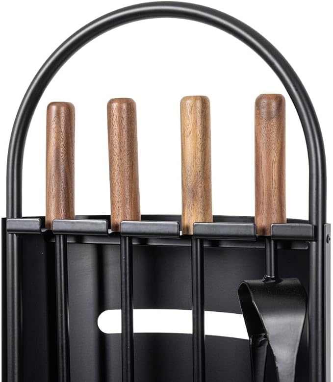 Modern Ember Noah 5 Piece Fireplace Tool Set in Black | Includes Brush, Shovel, Fire Poker, Tongs, and Stand | Heavy-Duty Steel | Heat-Resistant Powder Coating Finish | Natural Wood Handles