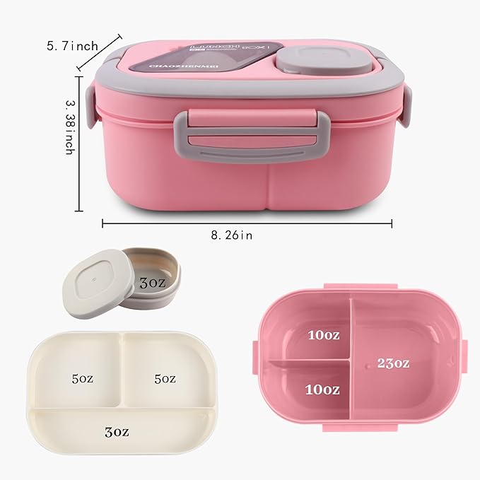 Adults Bento Lunch Box,Salad Container Large 43oz Salad Bowl, Bento-Style Tray for Toppings, 3oz Sauce Container for Dressings, and Built-In Reusable Fork (Pink)