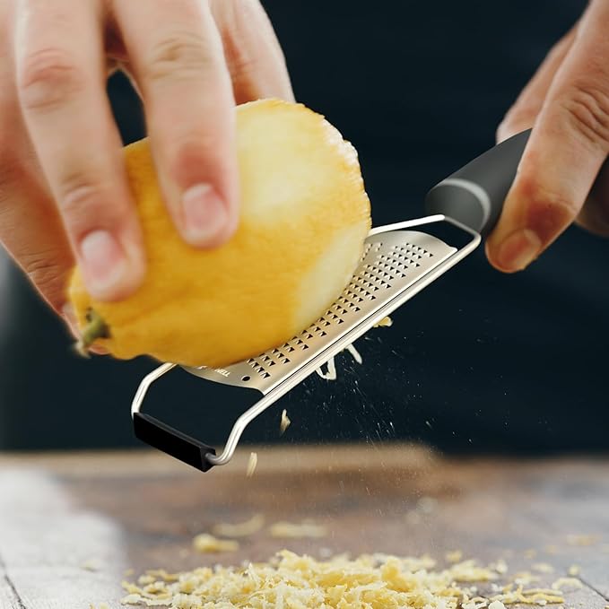 Lemon Zester & Grater 2-in-1 with Cover - Heavy Duty Stainless Steel Kitchen Tool for Cheese, Ginger, Garlic, Chocolate, Fruits, Vegetables - Dishwasher Safe Black