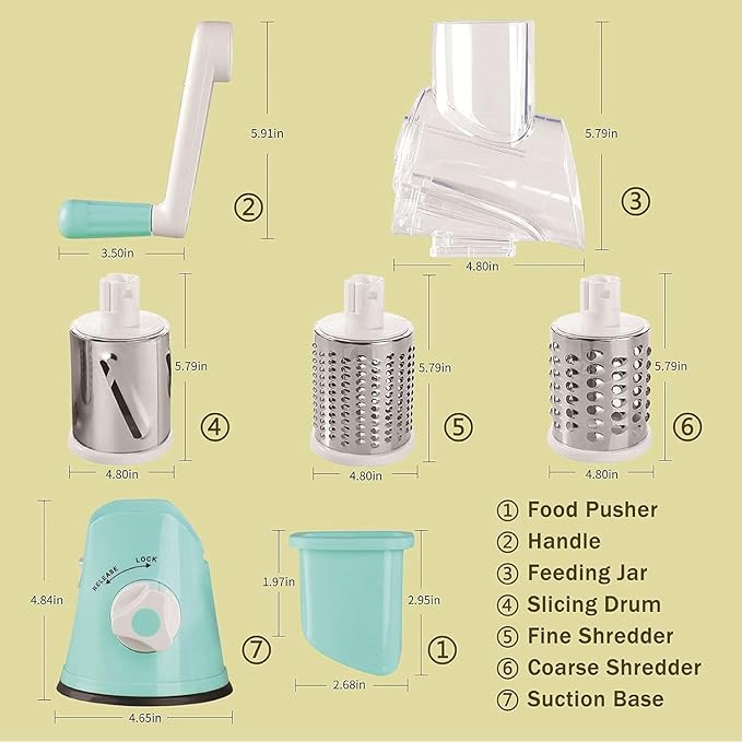Rotary Cheese Grater, Kitchen Grater Vegetable Slicer with 3 Drum Blades, Manual Vegetable Slicer & Shredder for Vegetables and Nuts – Strong Suction Base & Stainless Steel Blades