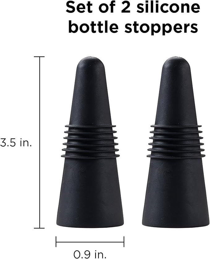 Rabbit Wine Bottle Stoppers Set of 2 - Airtight Rubber and Stainless Steel Seal, Fits All Wine Bottle Sizes, Dishwasher Safe, Black