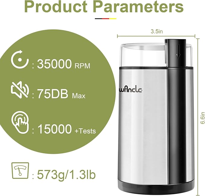 Coffee Grinder, Wancle Electric Coffee Grinder, Quiet Spice Grinder, One Touch Coffee Mill for Beans, Spices and More, with Clean Brush, Stainless Steel, 120V