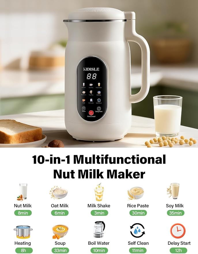 KIDISLE Nut Milk Maker Machine 51oz, 10-in-1 Soup Maker with 140℉ Heating & 8H Keep Warm, Touch Screen Plant-Based Milk Maker for Almond, Oat & Soy, 12H Delay Start & Self-Clean, Noise Reduction