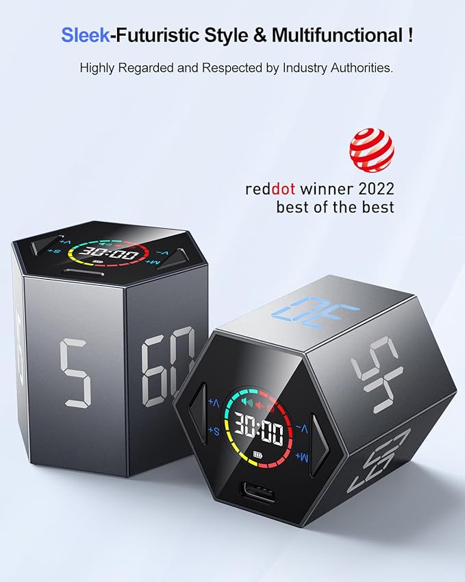 Ticktime Pomodoro Timer Cube, Hexagon Productivity Timer, Pause & Resume, Silent, Vibrate & Adjustable Sound Alert, for ADHD, Task, Work, Study, 5/15/25/30/45/60min & Custom Countdown,Gray