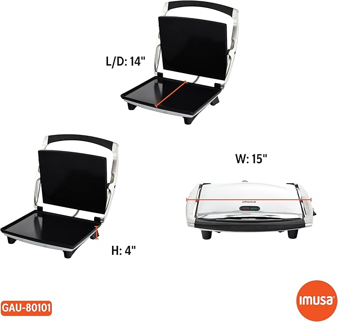 IMUSA 12x10in Stainless Steel Electric Panini Press with Temperature Control, Nonstick Plates for Sandwiches, Grilled Paninis, Quesadillas, and More