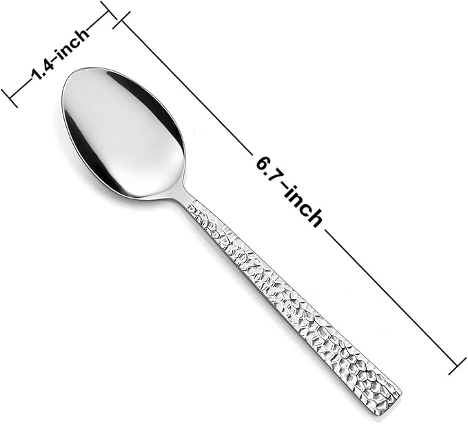 Teaspoon Set of 12, E-far 6.7 Inch Stainless Steel Hammered Spoons for Kitchen or Restaurant, Non-toxic & Mirror Polished, Squared Edge & Dishwasher Safe