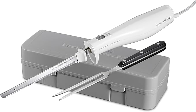 Hamilton Beach Electric Knife, White & 6-Speed Electric Hand Mixer with Whisk, Traditional Beaters, Snap-On Storage Case, White